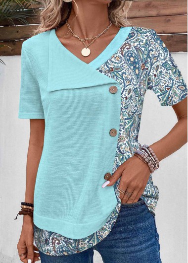 ROTITA Patchwork Tribal Print Light Blue V Neck T Shirt