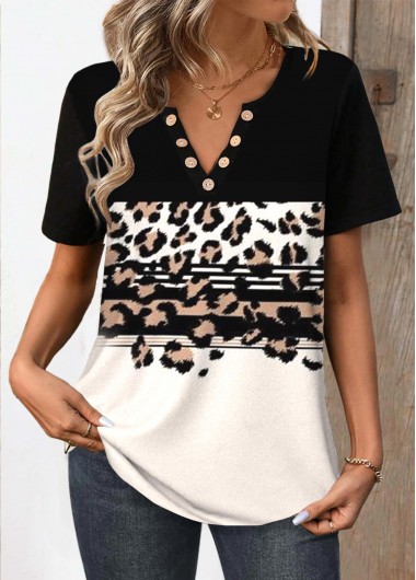 ROTITA Button Leopard Black Split Neck Short Sleeve T Shirt
