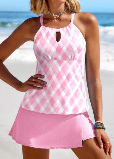 ROTITA Cut Out Light Pink Geometric Print Tankini Set