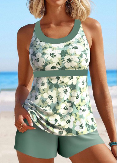 ROTITA Circular Ring Sage Green Floral Print Tankini Set