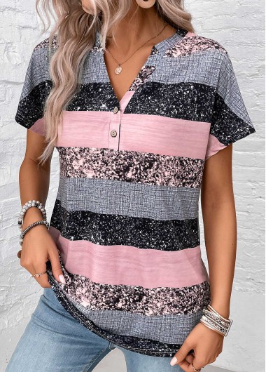 ROTITA Button Striped Grey Split Neck Short Sleeve Blouse
