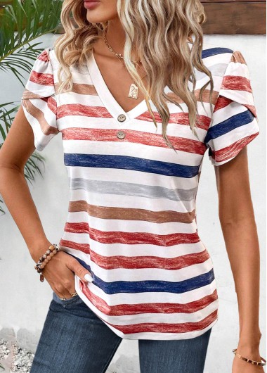 ROTITA Button Striped Multi Color V Neck T Shirt