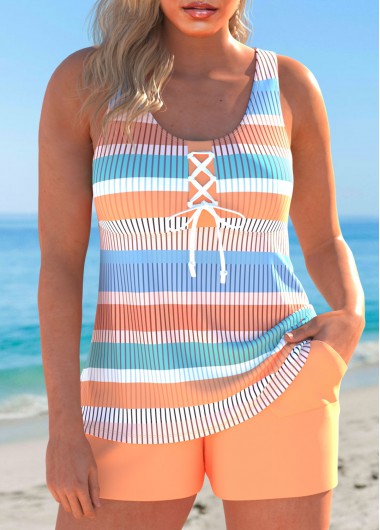 ROTITA Lace Up Orange Multi Stripe Print Tankini Set