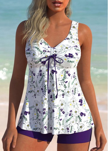 ROTITA Ruched Purple Floral Print Tankini Set
