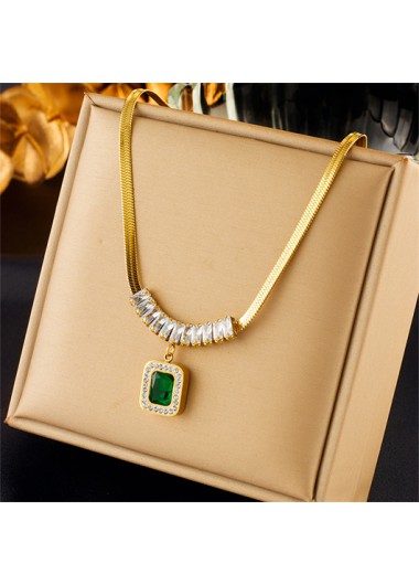 Rhinestone Detail Square Blackish Green Necklace