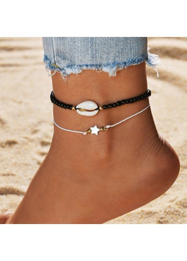 Seashell Detail Star Black Metal Anklet Set