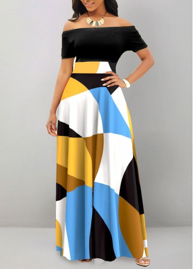 ROTITA Patchwork Geometric Print Black Off Shoulder Maxi Dress