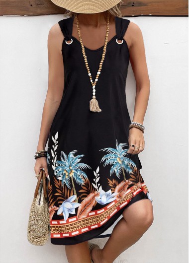 ROTITA Circular Ring Leaf Print Black A Line Sleeveless Dress