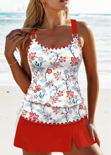 ROTITA Circular Ring Red Floral Print Tankini Set