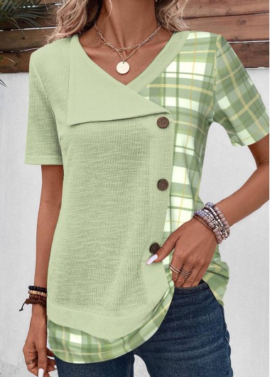 ROTITA Patchwork Plaid Light Green V Neck Short Sleeve Blouse