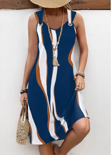 ROTITA Pocket Wave Pattern Print Peacock Blue A Line Dress