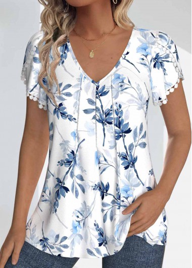 ROTITA Tuck Stitch Floral Print White V Neck T Shirt