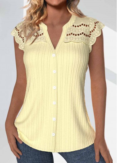 ROTITA Button Light Yellow Split Neck Short Sleeve Blouse