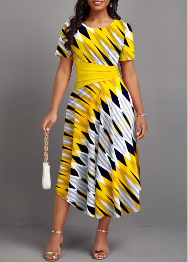 ROTITA Patchwork Argyle Print Multi Color Round Neck Dress