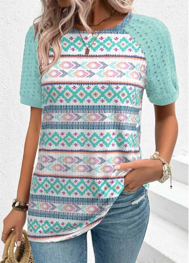 ROTITA Patchwork Geometric Print Mint Green Round Neck T Shirt