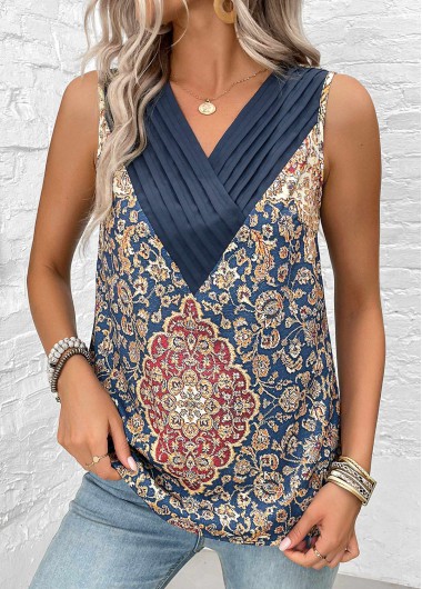 ROTITA Patchwork Tribal Print Blue V Neck Sleeveless Tank Top