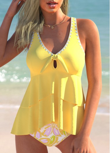 ROTITA Layered Light Yellow Floral Print Tankini Set