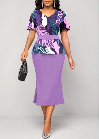 ROTITA Patchwork Violet V Neck Bodycon Dress