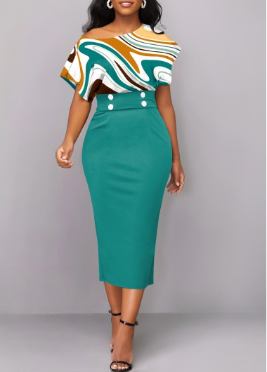 ROTITA Button Geometric Print Turquoise Asymmetrical Neck Bodycon Dress