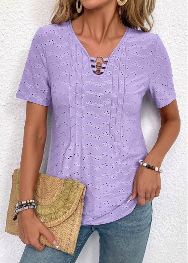 ROTITA Circular Ring Light Purple V Neck Short Sleeve Shirt