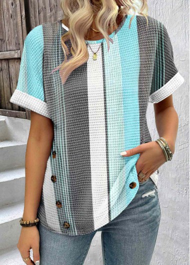 ROTITA Patchwork Striped Blue Round Neck Short Sleeve T Shirt