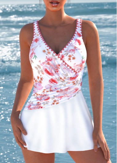 ROTITA Surplice White Floral Print One Piece Swimdress