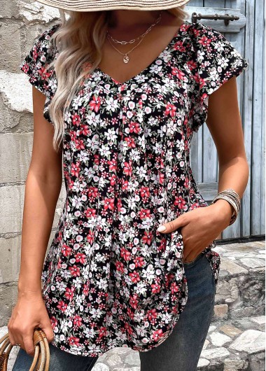 Ruched Floral Print Black V Neck T Shirt