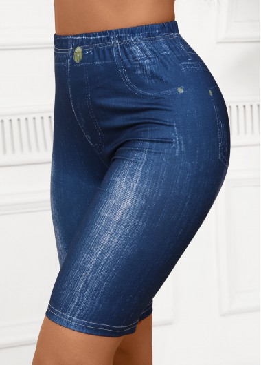 Denim Blue High Waisted Elastic Waist Short Leggings