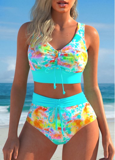 ROTITA Ruched Cyan Tie Dye Print Bikini Set