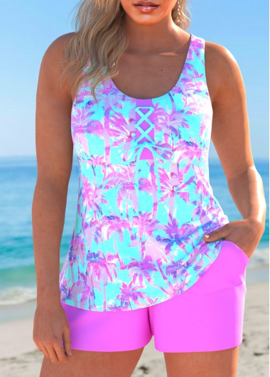 ROTITA Lace Up Hot Pink Tropical Plants Print Tankini Set