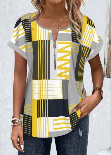 ROTITA Zipper Geometric Print Multi Color Round Neck Blouse
