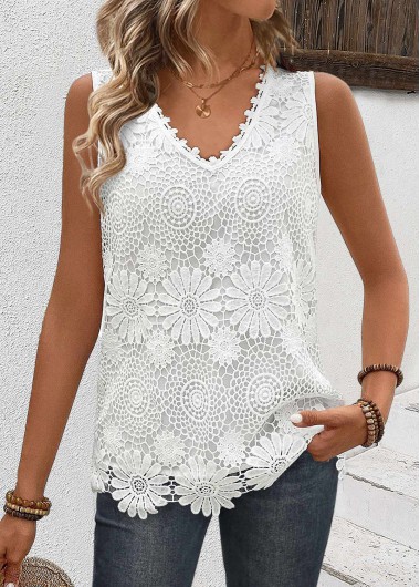 ROTITA Patchwork White V Neck Sleeveless Tank Top