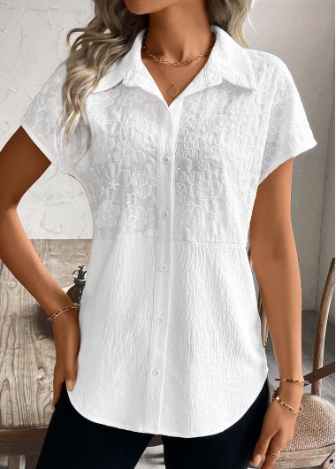 ROTITA Patchwork White Shirt Collar Short Sleeve Blouse