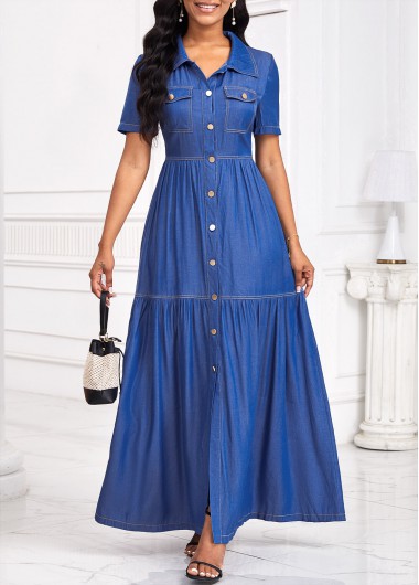 ROTITA Button Denim Blue Maxi Shirt Collar Short Sleeve Dress