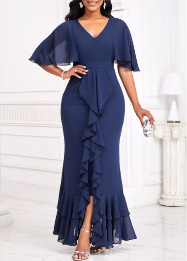ROTITA Mermaid Navy V Neck Half Sleeve Bodycon Maxi Dress