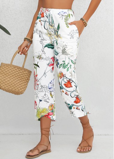 Pocket Floral Print White Regular Elastic Waist Pants