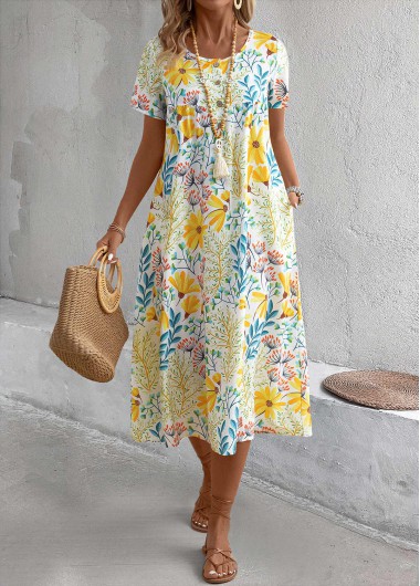 Pocket Floral Print Yellow A Line Round Neck Dress