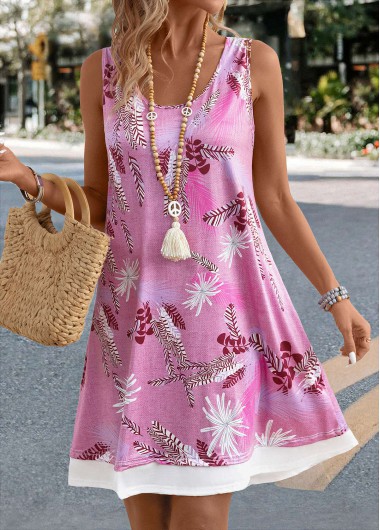 Patchwork Plants Print Neon Pink A Line Sleeveless Dress