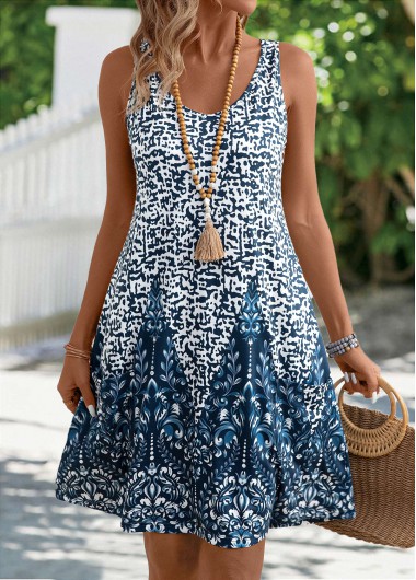 Pocket Tribal Print Peacock Blue A Line Sleeveless Dress