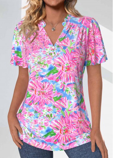 ROTITA Frill Floral Print Neon Pink V Neck Blouse