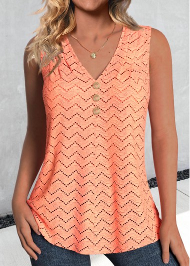 ROTITA Textured Fabric Orange V Neck Sleeveless Tank Top