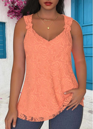 ROTITA Lace Orange V Neck Sleeveless Tank Top