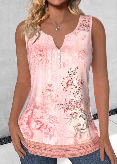 ROTITA Lace Tribal Print Light Pink High Neck Tank Top