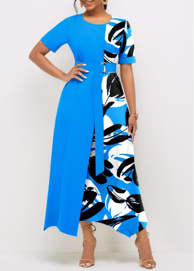 ROTITA Patchwork Graffiti Print Sky Blue Belted Round Neck Dress