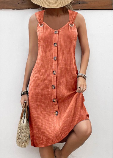 ROTITA Breathable Orange A Line V Neck Sleeveless Dress