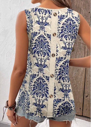 ROTITA Button Tribal Print Navy Square Neck Sleeveless Tank Top