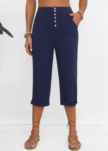 Button Navy Elastic Waist High Waisted Pants