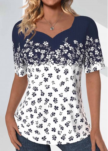 ROTITA Textured Fabric Ditsy Floral Print Navy T Shirt
