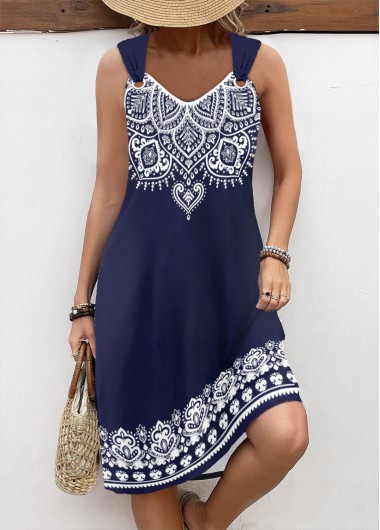 ROTITA Breathable Tribal Print Navy A Line V Neck Dress