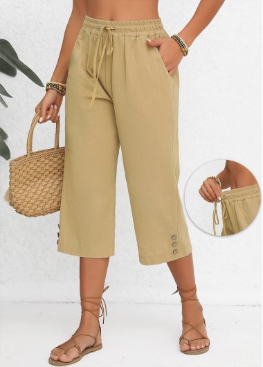 Pocket Light Camel Elastic Waist High Waisted Pants
